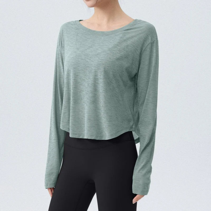 DRUR Women's Long Sleeve Yoga T-Shirts, Loose Fit Sports Fitness Crop Tops Casual Lightweight Thin Shirt For Gym Street Travel Secondary image