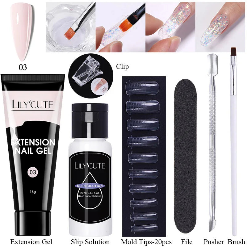 LILYCUTE 15ml Extension Gel Nail Polish Set Quick Nail Prolong With Extend Mold Nail Tips Acrylic Solution Manicure Tools Kit