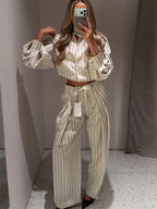 HH Women 2026 New Fashion Versatile Beige Striped Puffy Sleeve Shirt+High Waisted Loose Pleated Casual Long Pants Two Piece  Set