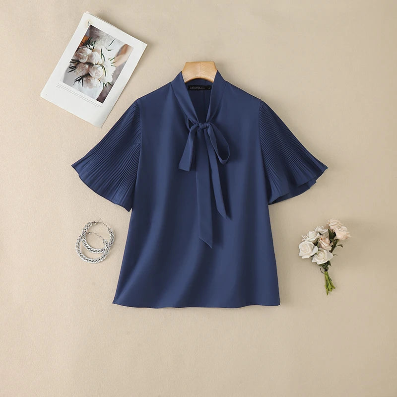 2026 ZANZEA Elegant Summer Blouse Women Stand Neck Short Sleeve Tops Stylish Solid OL Work Shirt Casual Lace-Up Holiday Tunic