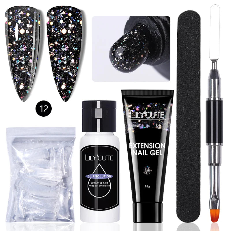 LILYCUTE 15ml Extension Gel Nail Polish Set Quick Nail Prolong With Extend Mold Nail Tips Acrylic Solution Manicure Tools Kit