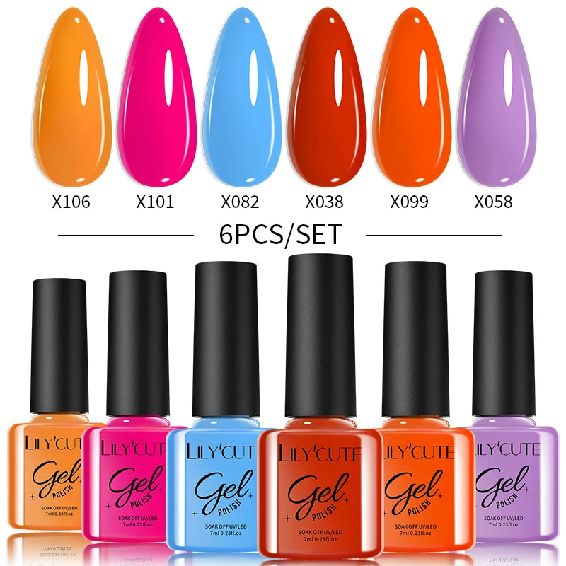 LILYCUTE 6PCS Gel Nail Polish Set Summer Neon Nail Gel Kits For DIY Nail Vernis Semi Permanent UV Lamp Gellak Nail Varnish Set