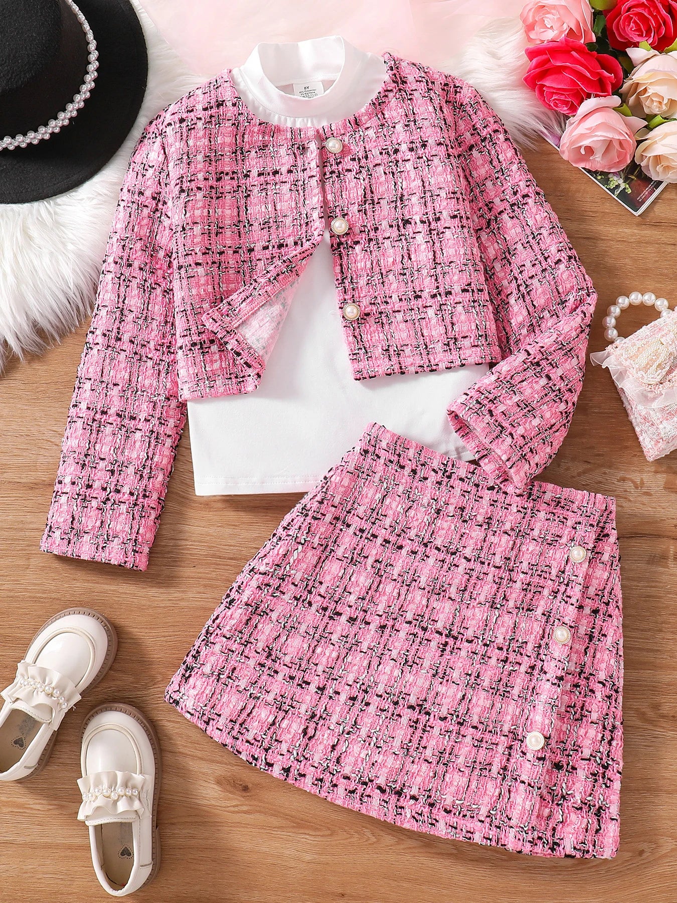 Children's spring and autumn new cute girl fashion dress 3 sets of pink plaid top + skirt + white long-sleeved base shirt Ürün ana görseli