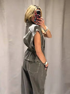 Denim Vest Loose Long Pants Woman Set High Neck Single Breasted Waist Cinched Tops High Waist Trousers Chic Casual Lady New Sets