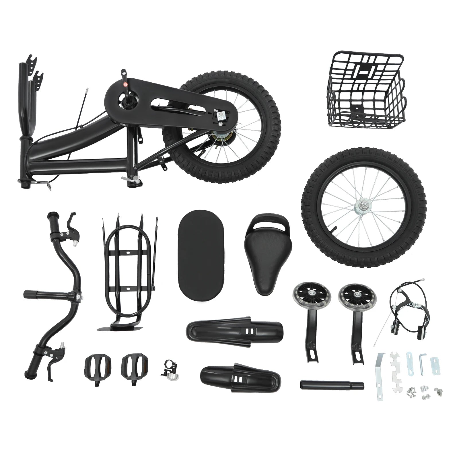 14" Kids Bike Adjustable Children's Bicycle Load 60kg w/Training Wheels+Basket+Backrest Rear Seat for 3-7 Year Old (White/Black)