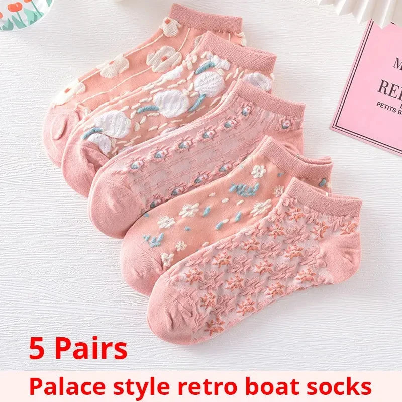 5 Pairs of Kawaii Cute Flower 3D Textured Ankle Socks - Vintage Style Thin Low Cut Hosiery for Womenity Pink Boat Socks Female Ürün ana görseli