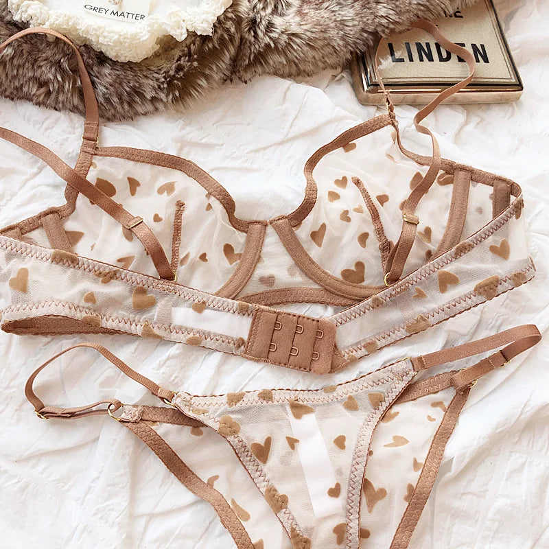 New Lingerie Thongs Set Sexy Ultra Thin Transparent Bra Women Underwire Push Up Bra Set Summer Romantic Peach Heart Underwear