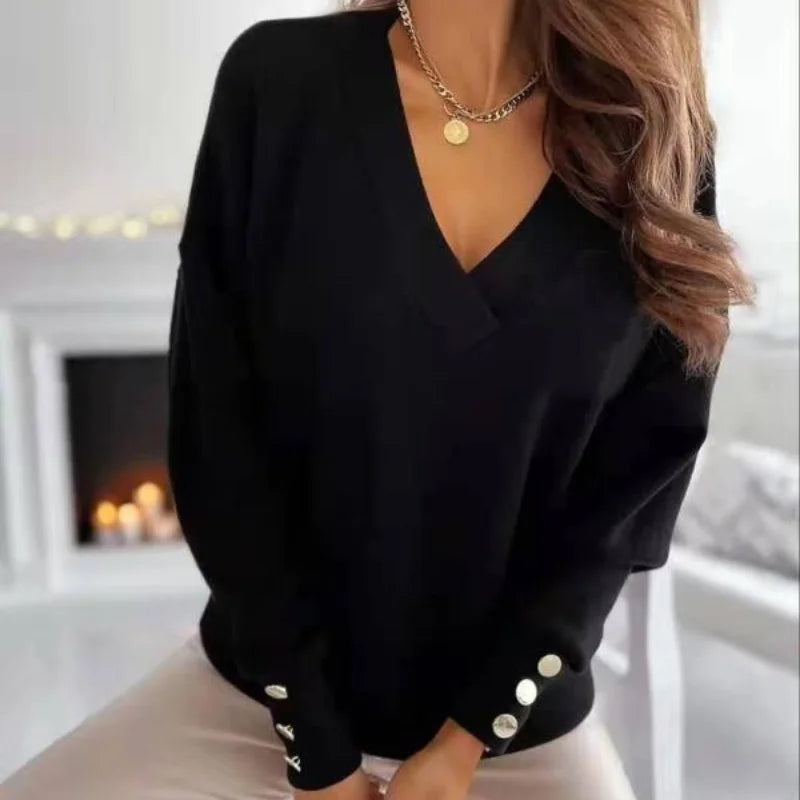 Spring Autumn Women Pure Soft Long Sleeve Sweater V-neck Fashion Jumper Office Lady Button Loose Casual Pullover Top Sweaters