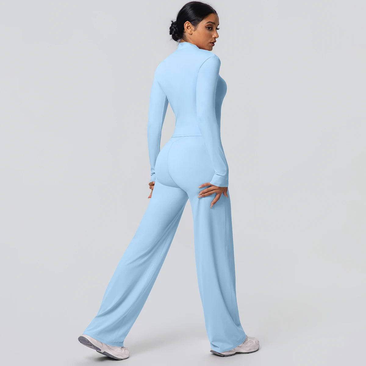 2pieces Quick Drying Sports Fitness Clothing Yoga Set Women Yoga Zipper Long Dleeves High Waisted Breathable Wide Leg Pants Set