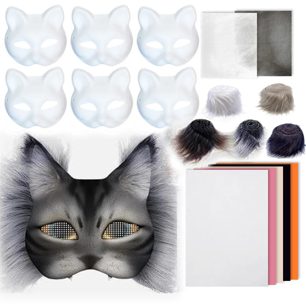 Cross-border Hot-selling New Gray-haired Dumb White Cat Set Plush Sticky PVC Hand-painted DIY Mask Ürün ana görseli