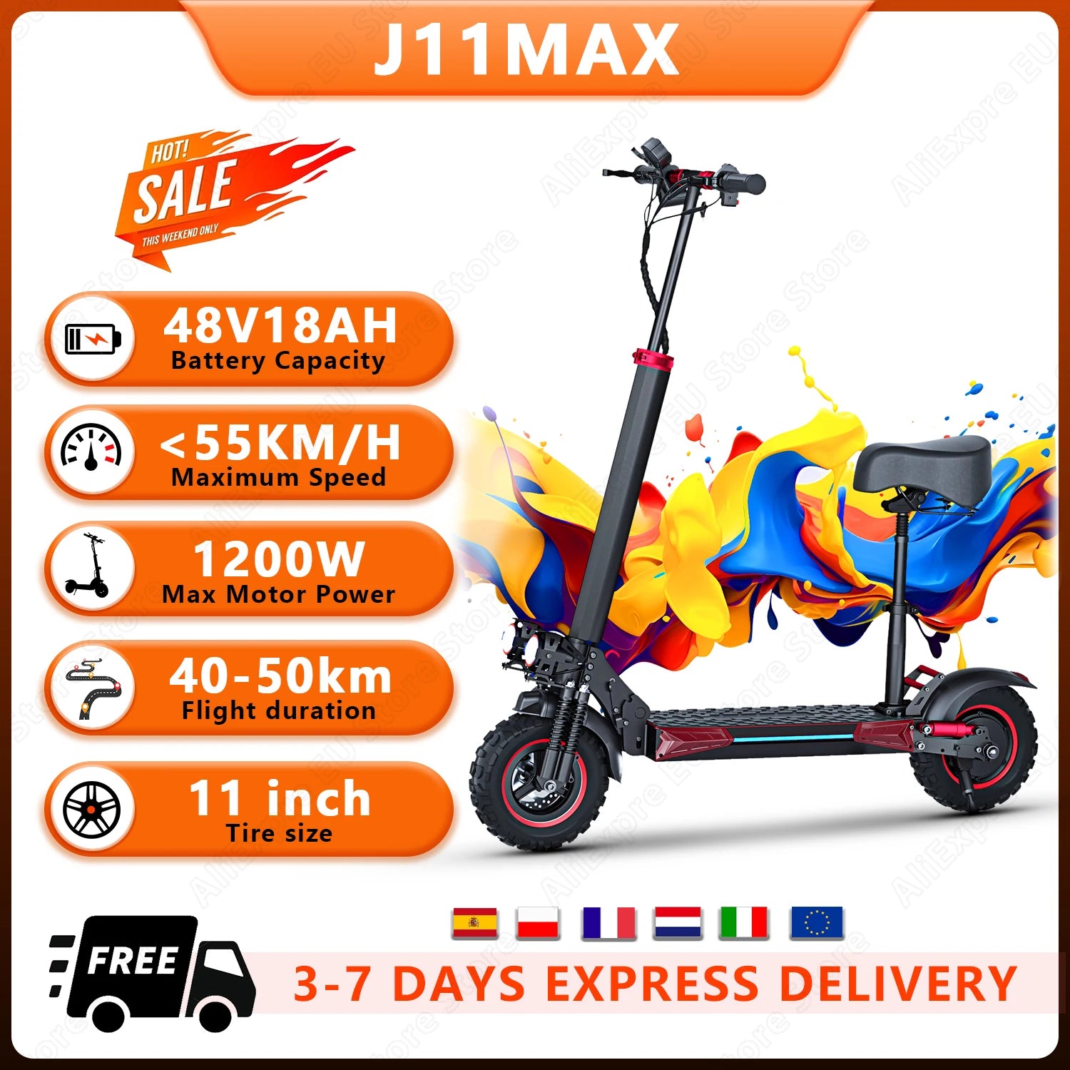 FREEBOY J11MAX EScooters,1200W Motor 48V18ah,Max speed 55km/h W/Seat Electric Scooters Aldult 11" Tire City Commuting E-Scooter Ürün ana görseli