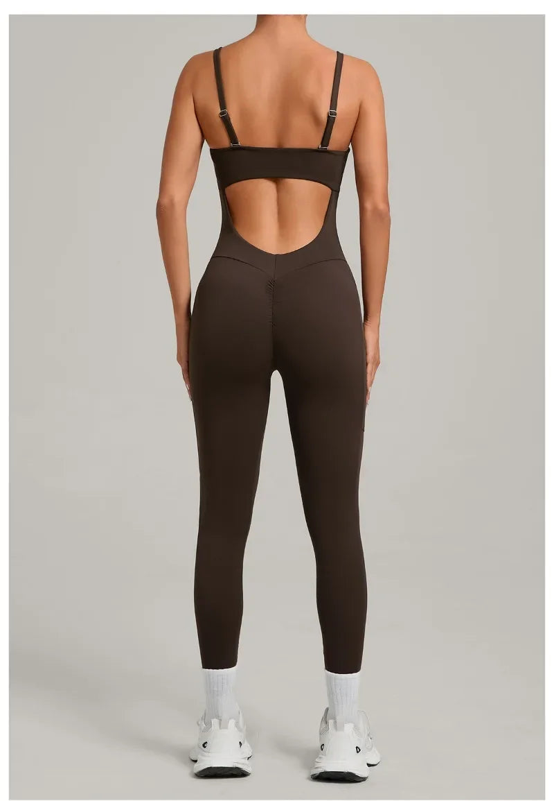 Women's Yoga Jumpsuits Sports Fitness One-piece Beauty Back Strap Pocket Hip-lifting Slim Fit Running Workout Training Bodysuits