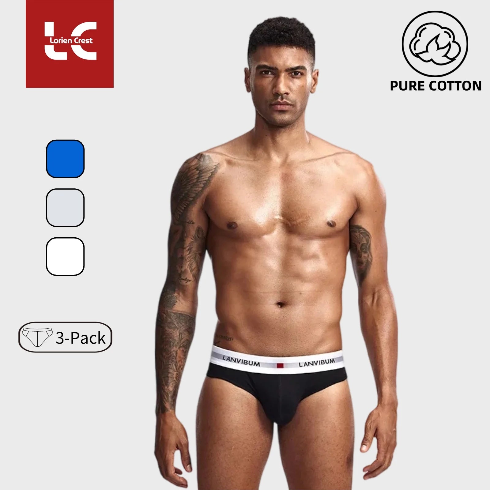 3pcs【LORIEN CREST】Men's Pure Cotton Low Waist Elastic Sexy Loose Breathable Youth Pant Headband Underwear Summer Cotton Briefs