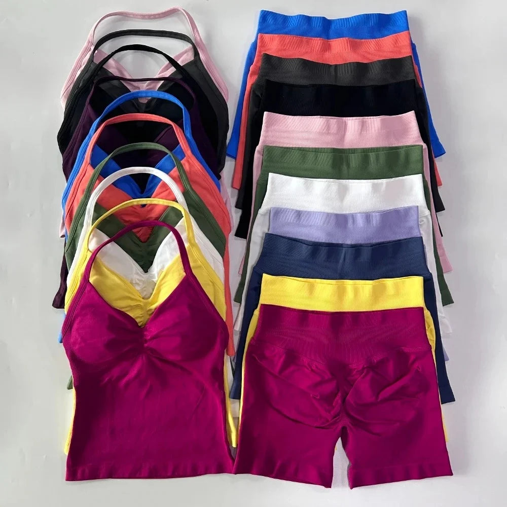 No Logo 2 Pieces Sports Set Women Backless Tank Tops High Waist Scrunch Seamless Shorts Gym Set Sportswear Workout Set Yoga