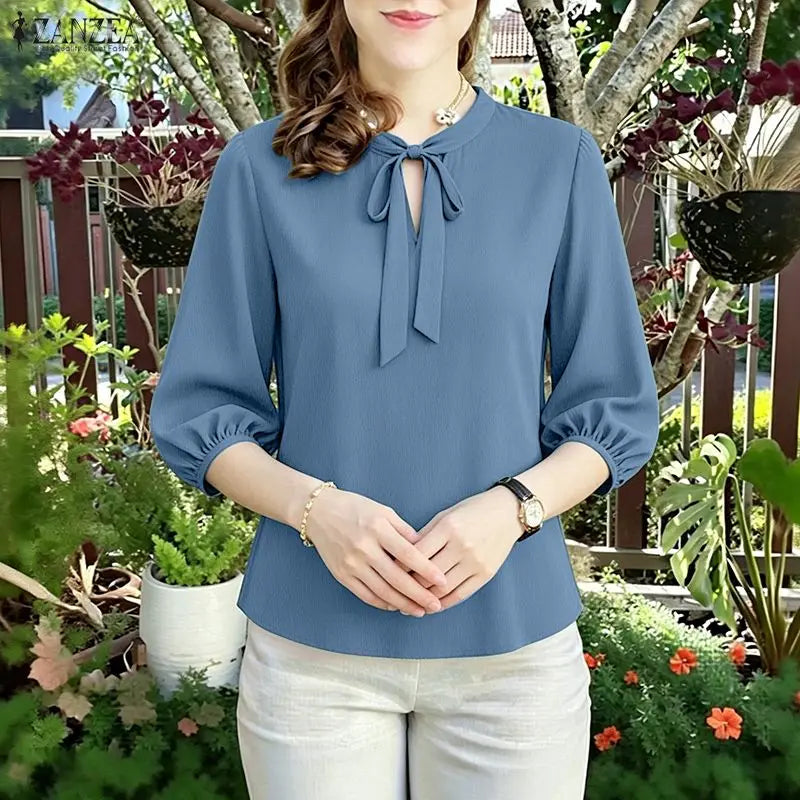 Summer Solid Color Blouse 2026 ZANZEA Women Tops Trend Casual O Neck Short Sleeve Blusas Female Elegant OL Work Shirt Mujer Main image