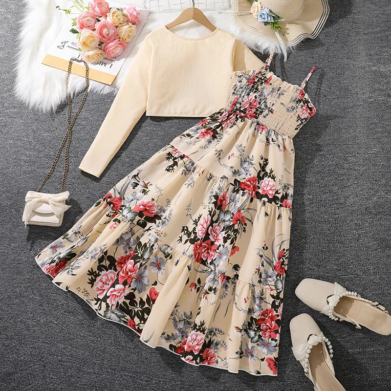 Kid Girl Long Sleeve Bow Design Coat & Beige All Print Shirred-Bodice Sling Dress Set Cute Sweet Elegant Princess Dress For Kids