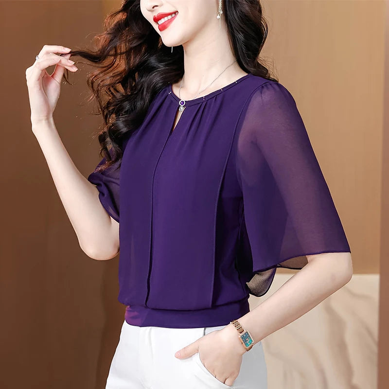 Summer Clothing Half Sleeve Chiffon Blouse 2025 New Fashion Loose Women Tops Solid Color Casual Pullovers Shirt Ürün ana görseli