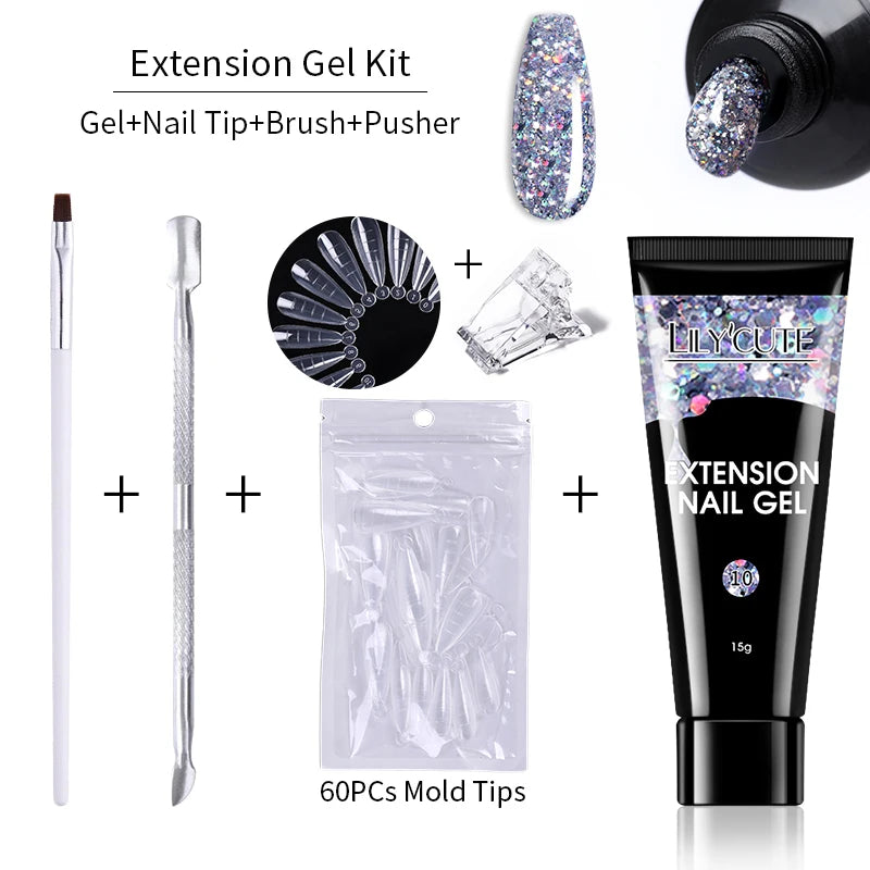 LILYCUTE 15ml Extension Gel Nail Polish Set Quick Nail Prolong With Extend Mold Nail Tips Acrylic Solution Manicure Tools Kit