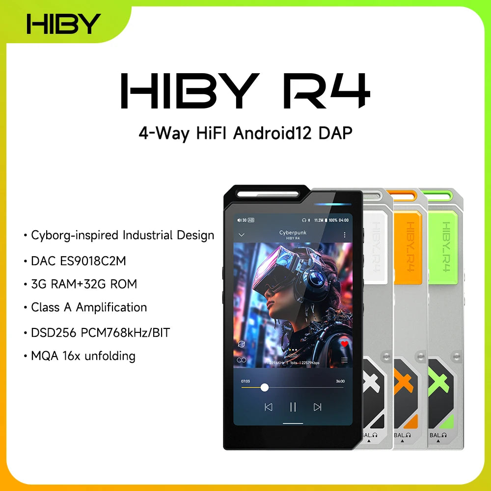 HiBy R4 ES9018Q2M*4 Android12 HiFi Music Player MP3 Audio Bluetooth WiFi DSD256 MQA 16x USB DAC Headphone AMP 11hr 4.7'' OPA1652 Ürün ana görseli