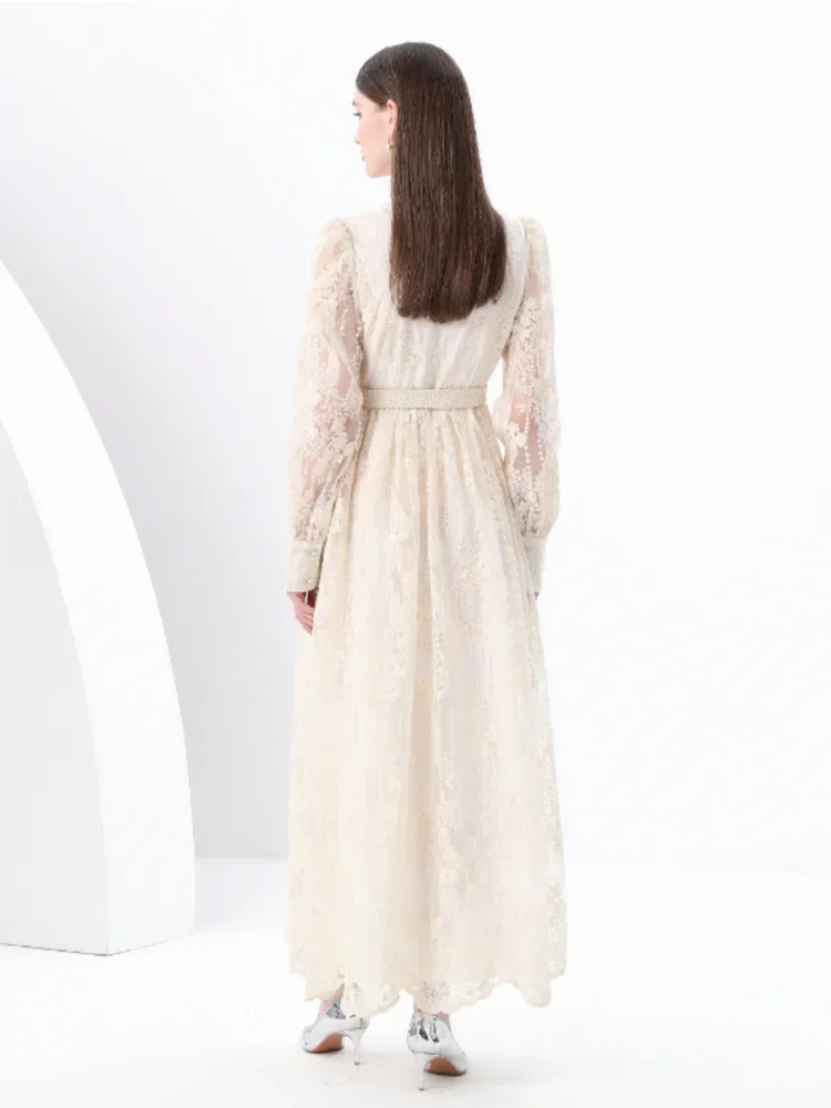 Spring Autumn French High-end Women's Dress New Lace Embroidery V-neck Lantern Sleeves Single Breasted Party Birthday Dress C192