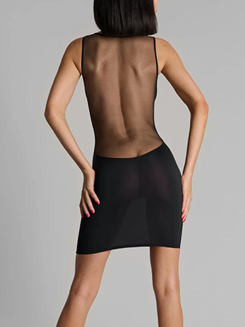 Y2K E-Girl Mesh Panel Plunge V Neck Bodycon Mini Dress Women Black Sleeveless Clubwear Main image