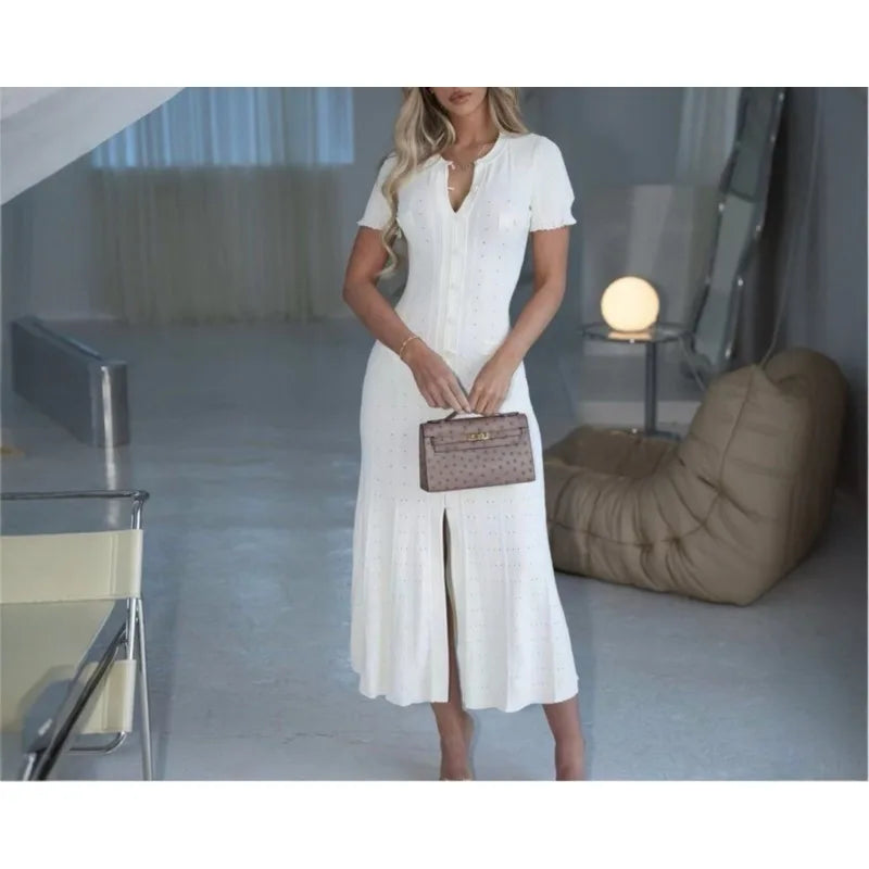 Summer Solid Round Neck Short Sleeved Office Lady Knitted Dress Women Korean Single Breasted Hollow Out Long Dress Fashion Trend