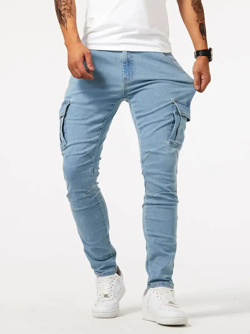 Men's street stretch denim jeans, washed solid color multi pocket work pants, casual slim fit, daily wear, jogging pants, mid wa Ürün ana görseli
