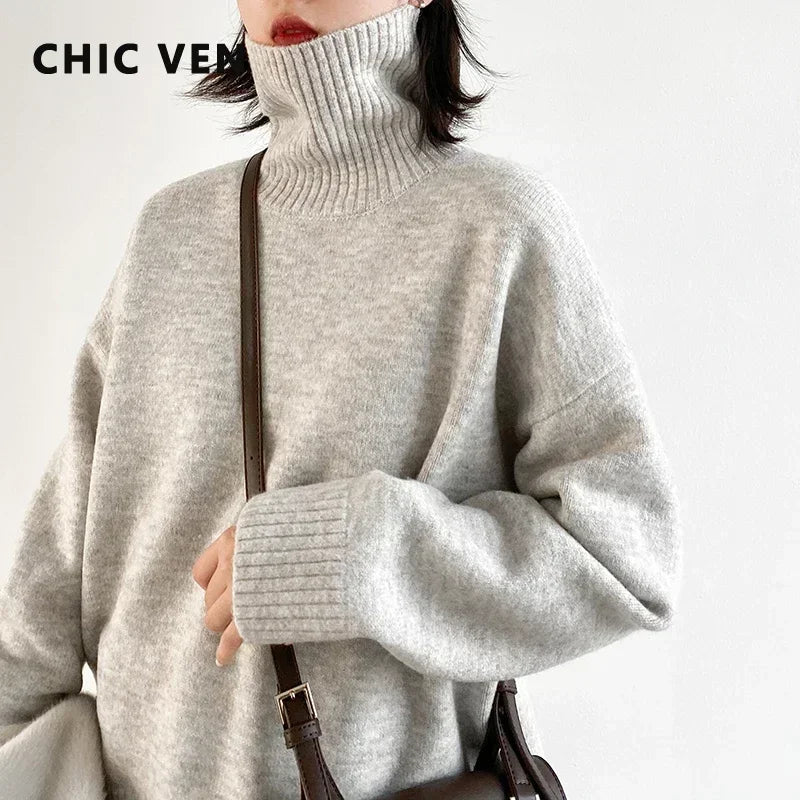CHIC VEN Korean Women's Sweater Loose Turtleneck Sweaters Warm Solid Pullover Knitwear Basic Female Tops Autumn Winter 2022 Ürün ana görseli