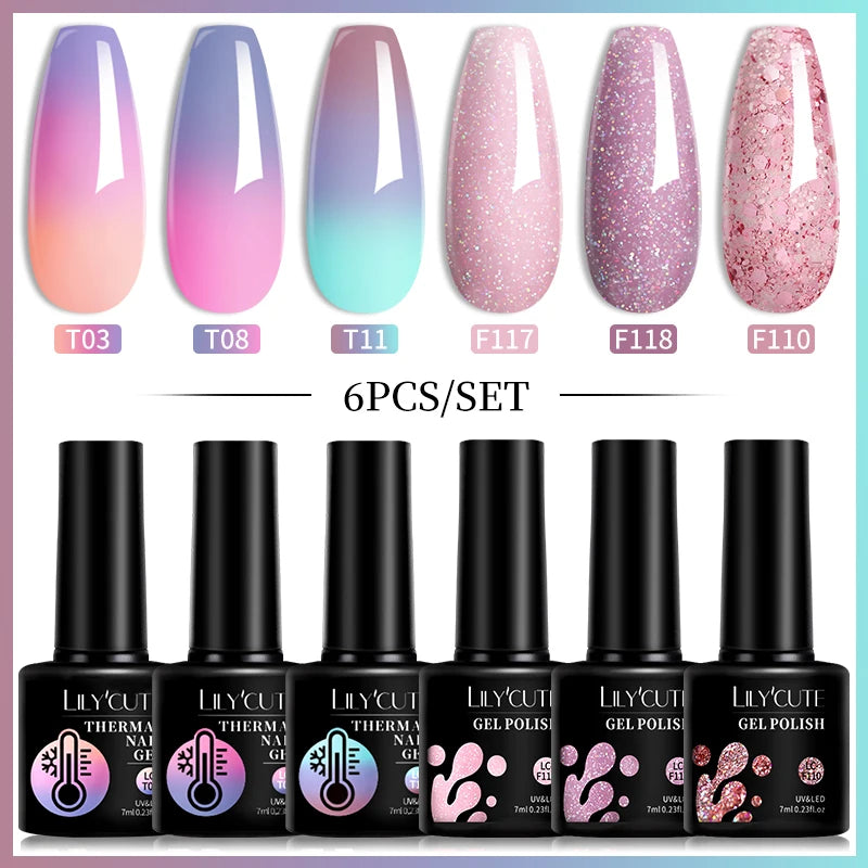 LILYCUTE 7ML 6PCS Neon Gel Nail Polish Set fluorescent Series Color Changing Semi Permanent Soak Off Manicure kit Nail Art Gel