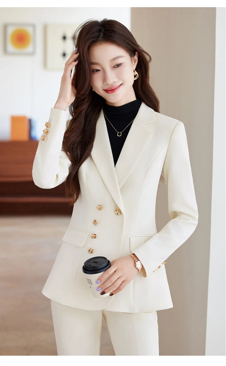 NAVIU New 2024 Women Pant Suits Pink Blazer And Jacket Set Office Ladies Work Business Uniform Female Pantsuit OL Style Beige