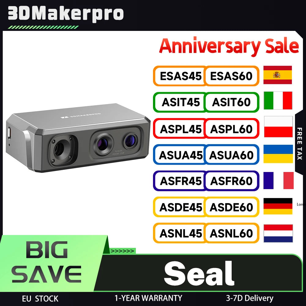 3DMakerpro Seal 3D Scanner, 0.05mm Resolution, 0.01mm Accuracy, 24-bit Color Capture, Anti-shake Lens, 5x More Detail Per Unit Ürün ana görseli