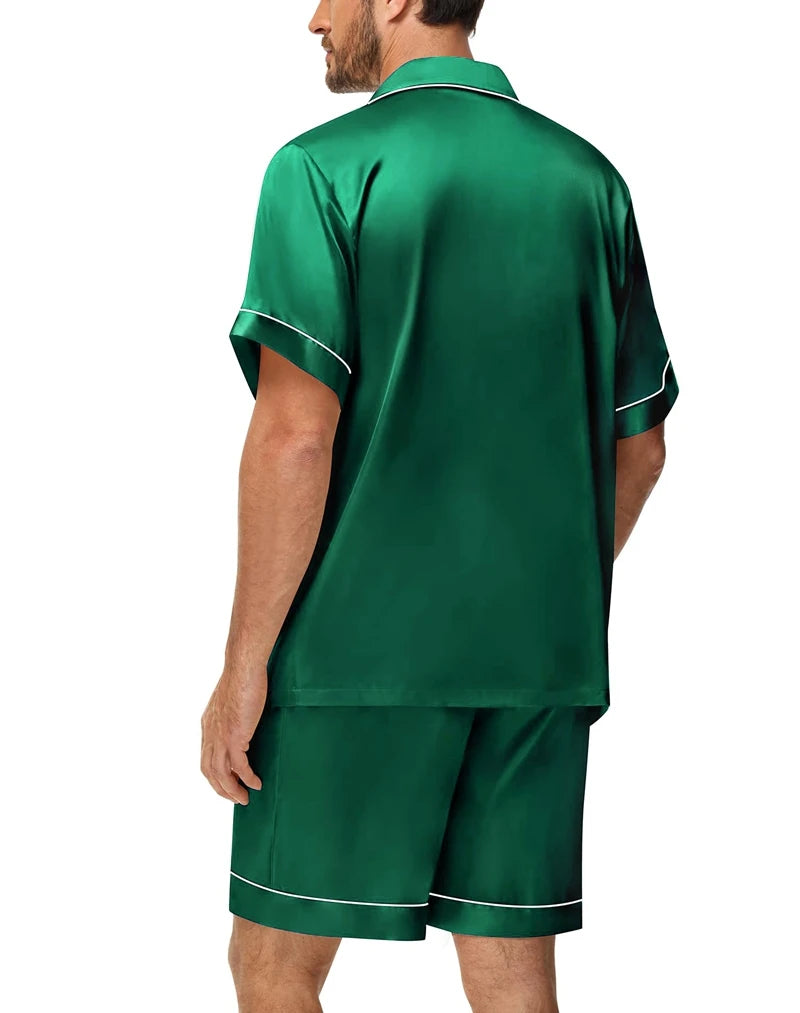 Men's Silky Satin 2Pcs Pajama Set Short-Sleeve Lapel Chest Pocket Shirt And Shorts Smooth Touch Soft Sleepwear Cozy Nightshirts