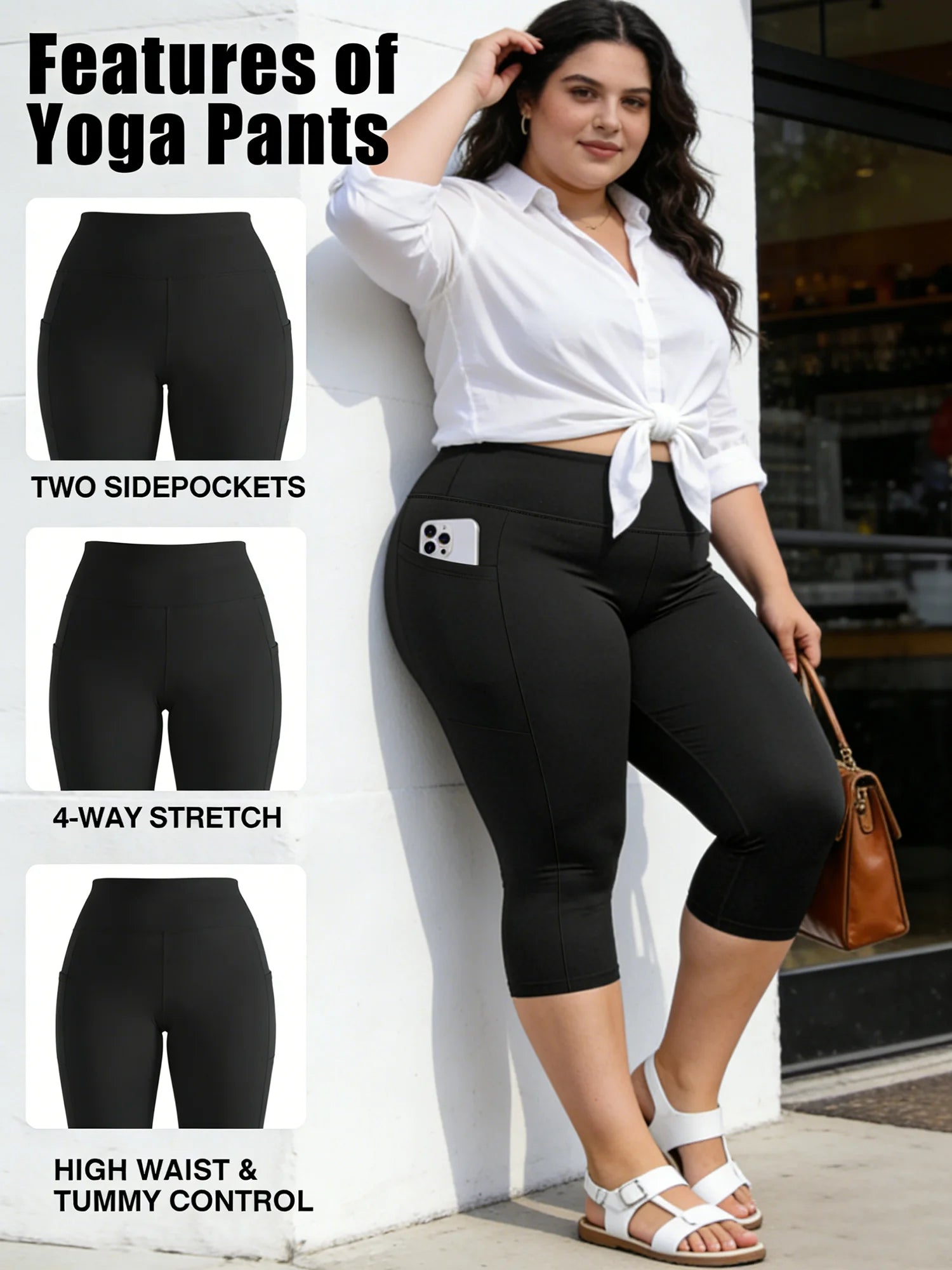 Plus Size Leggings with Pockets for Women - Black High Waisted Tummy Control Soft Yoga Pants for Gym Workout Main image