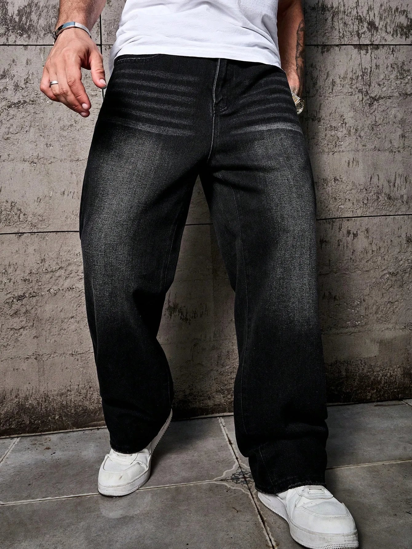 1pc Vintage Style Men's Black Washed Distressed Loose Wide Leg Relaxed Straight Jeans, Perfect Gift for Husband, Boyfriend