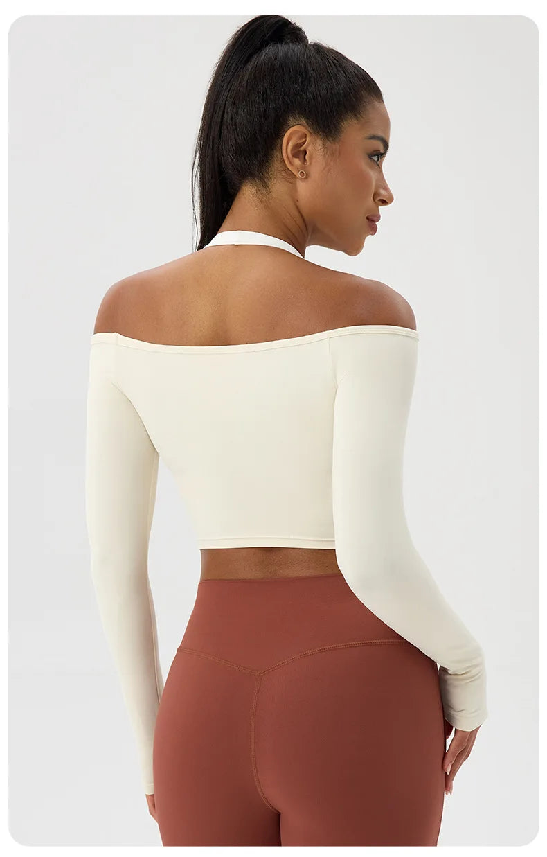 Yoga long-sleeved T-shirt women's one-shoulder sexy tight fitness wear top nude feel quick-drying sports sleeved Yoga Shirts