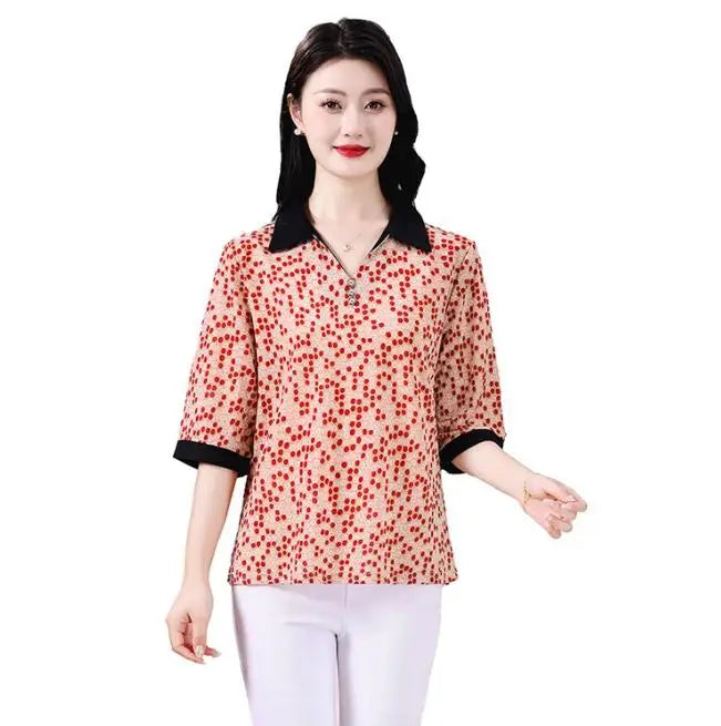 Summer half sleeve Shirt Fashion Commute All-match Ice Silk Printed Button Loose Women's Blouses Top