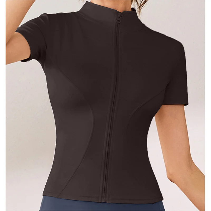Slim Fit Short Sleeve Yoga Shirt Women's Stand Collar Zipper Jacket High End Running Sport Fitness Top