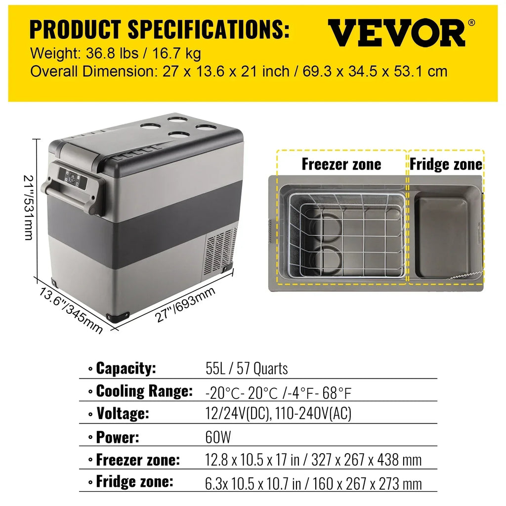 VEVOR  35L 45L 55L Car Refrigerator Mini Fridge Freezer Portable Compressor Cooler 12/24V DC 110-240V Ice Box for Camping