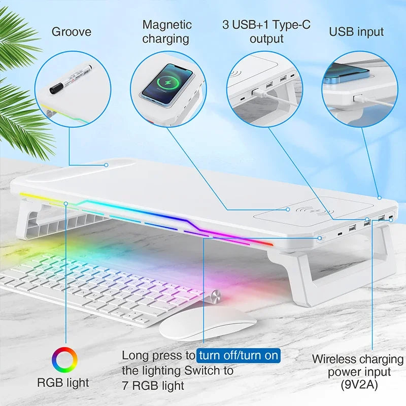 RGB Light Effect Rechargeable Desktop Monitor Height Stand 3 USB 2.0 Port Universal Laptop Storage Rack With Wireless Charging