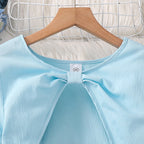Kid Girl Long Sleeve Bow Design Coat & Beige All Print Shirred-Bodice Sling Dress Set Cute Sweet Elegant Princess Dress For Kids
