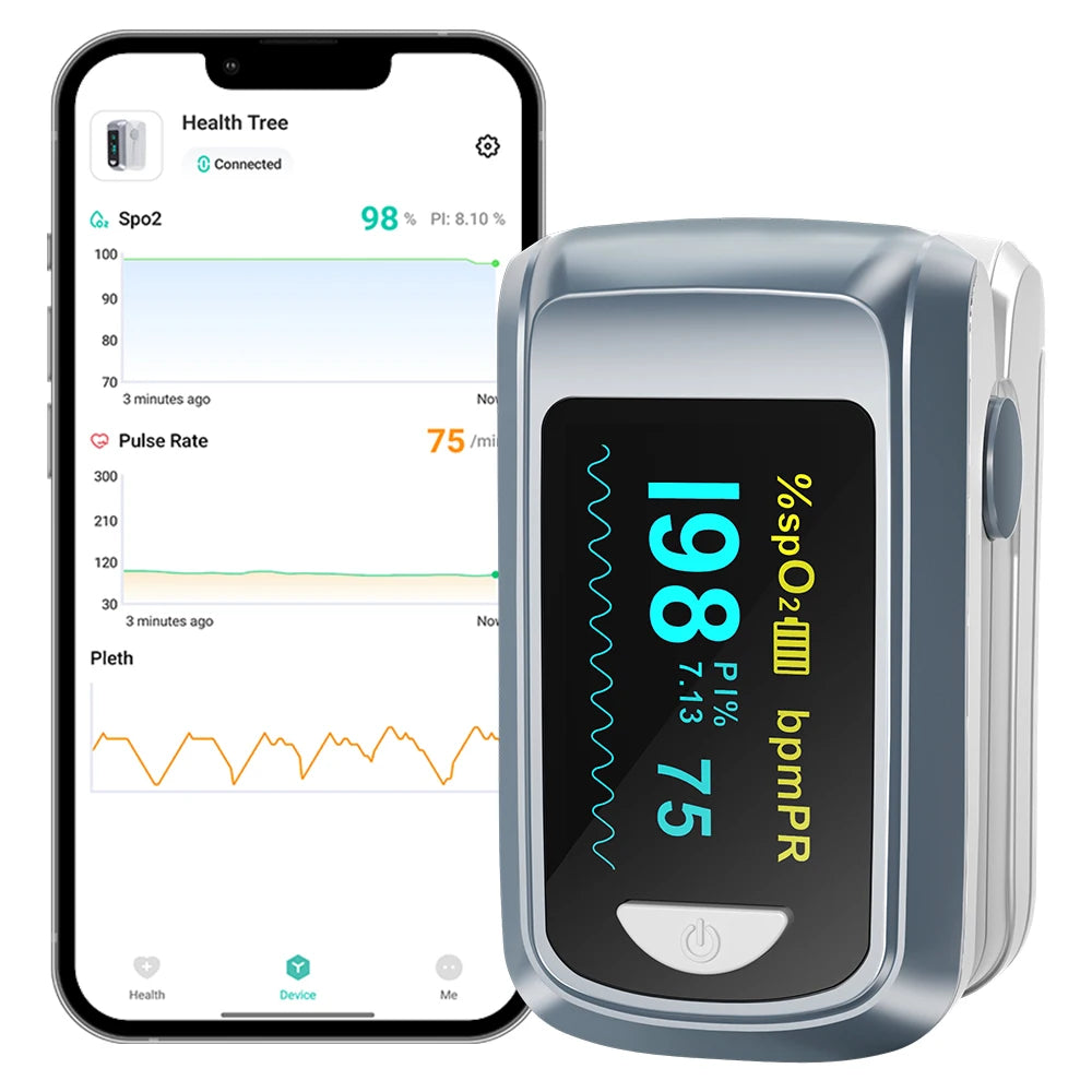 HealthTree Finger Pulse Oximeter Blood Oxygen Saturation SpO2 PI Oximetro De Dedo Pulsioximetro Oxymeter Bluetooth APP Control Ürün ana görseli