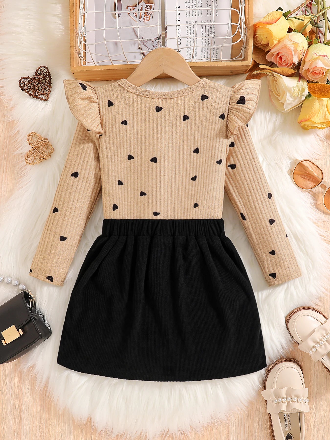 2-Piece Set for Girls in Spring and Autumn: Fashionable and Elegant Dress Set for Young Girls, Featuring a Round Neck, Ribbed Lace, Flutter Sleeves, Heart and Polka Dot Print Long-Sleeve Top + Black Skirt with Bow and Button Secondary image