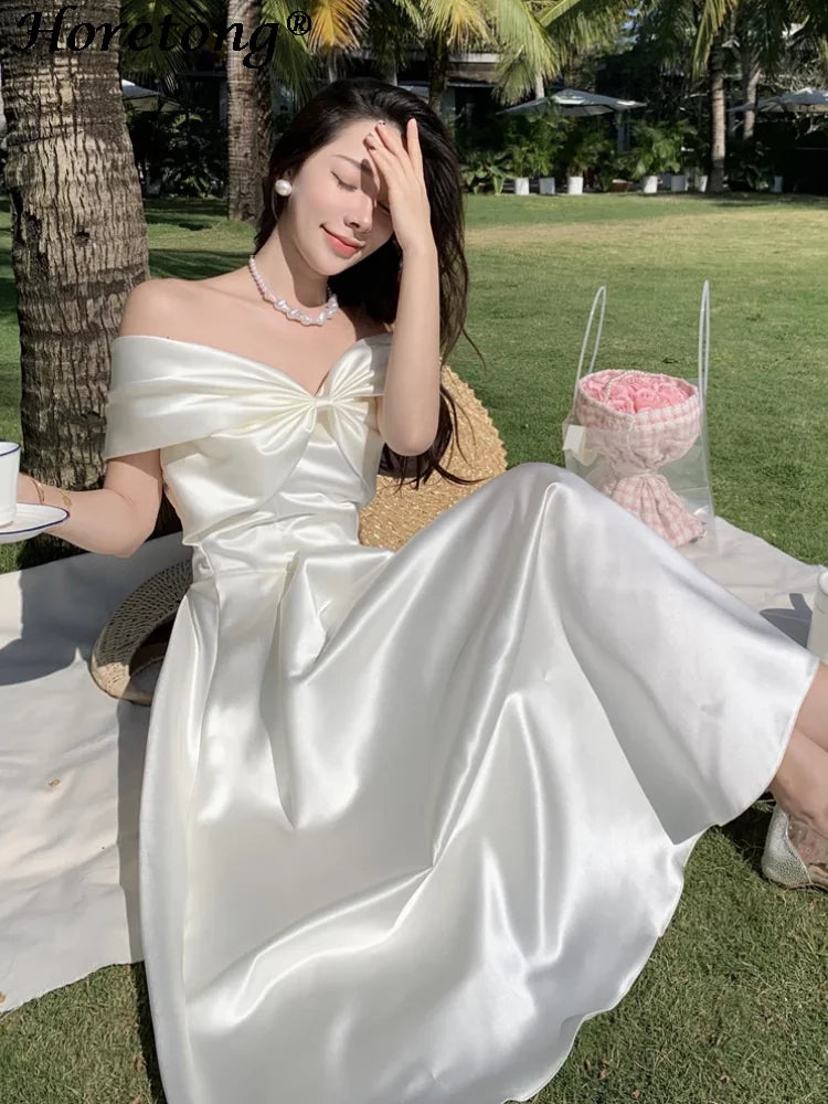 Horetong Bow Slash Neck Sexy Dress Summer Women White Fairy Elegant A-Line Midi Dresses Female Party Prom Clothes Vestdios Ürün ana görseli