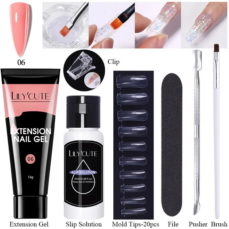 LILYCUTE 15ml Extension Gel Nail Polish Set Quick Nail Prolong With Extend Mold Nail Tips Acrylic Solution Manicure Tools Kit