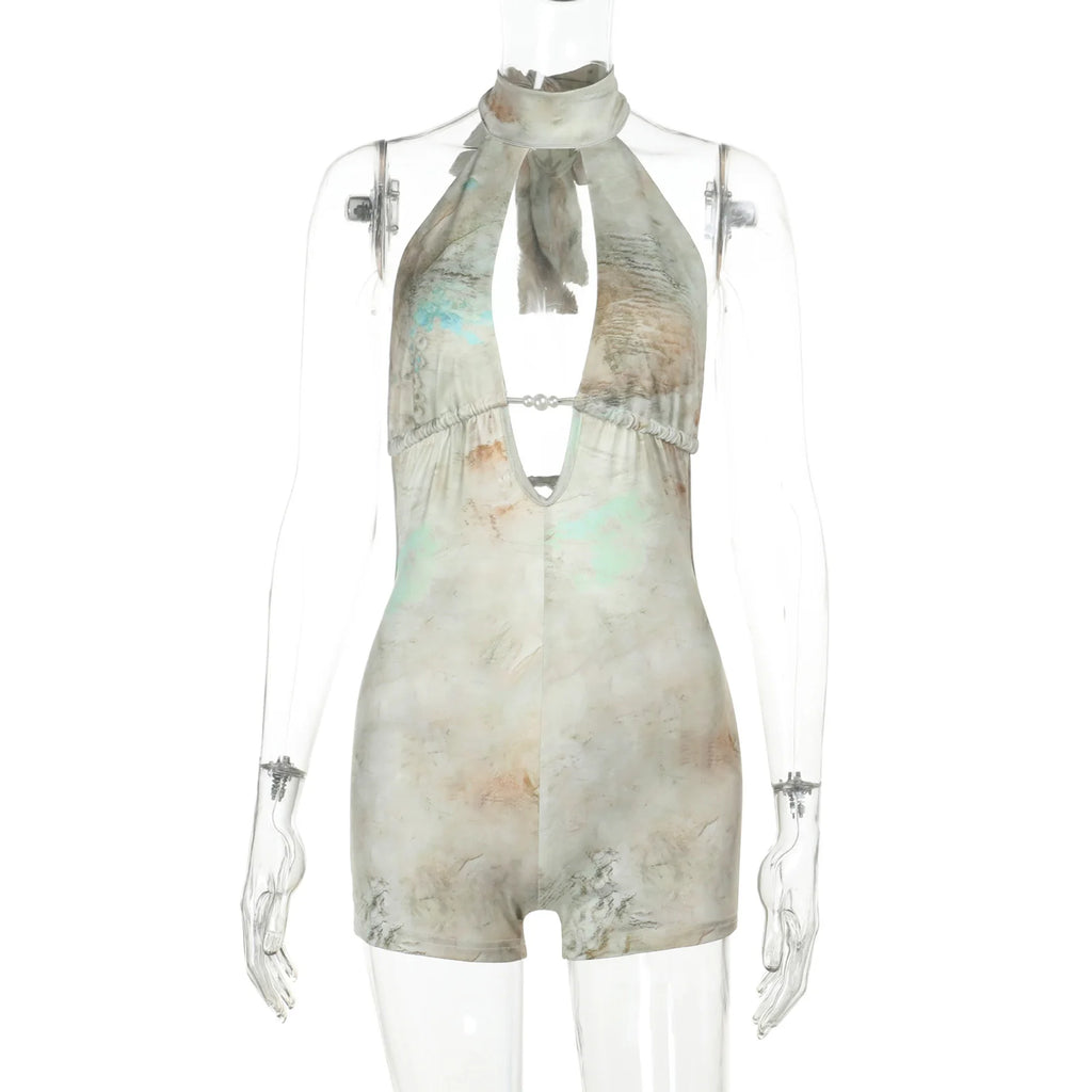 GlamGaze Halter Neck Keyhole Tie Dye Romper For Women Deep V Bodycon Shorts Jumpsuit Party Club Casual Daily Streetwear Outfit