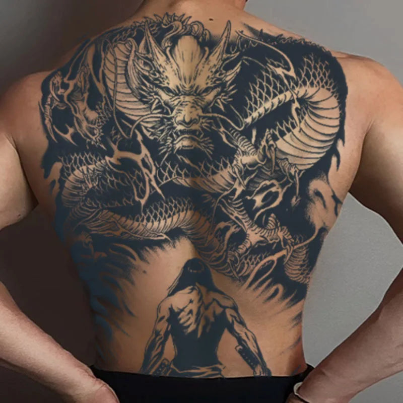 Magic Juice Ink Waterproof Tattoo Stickers Full Back Large Size Herbal Juice Temporary Tattoos Men Body Art Dragon Tiger
