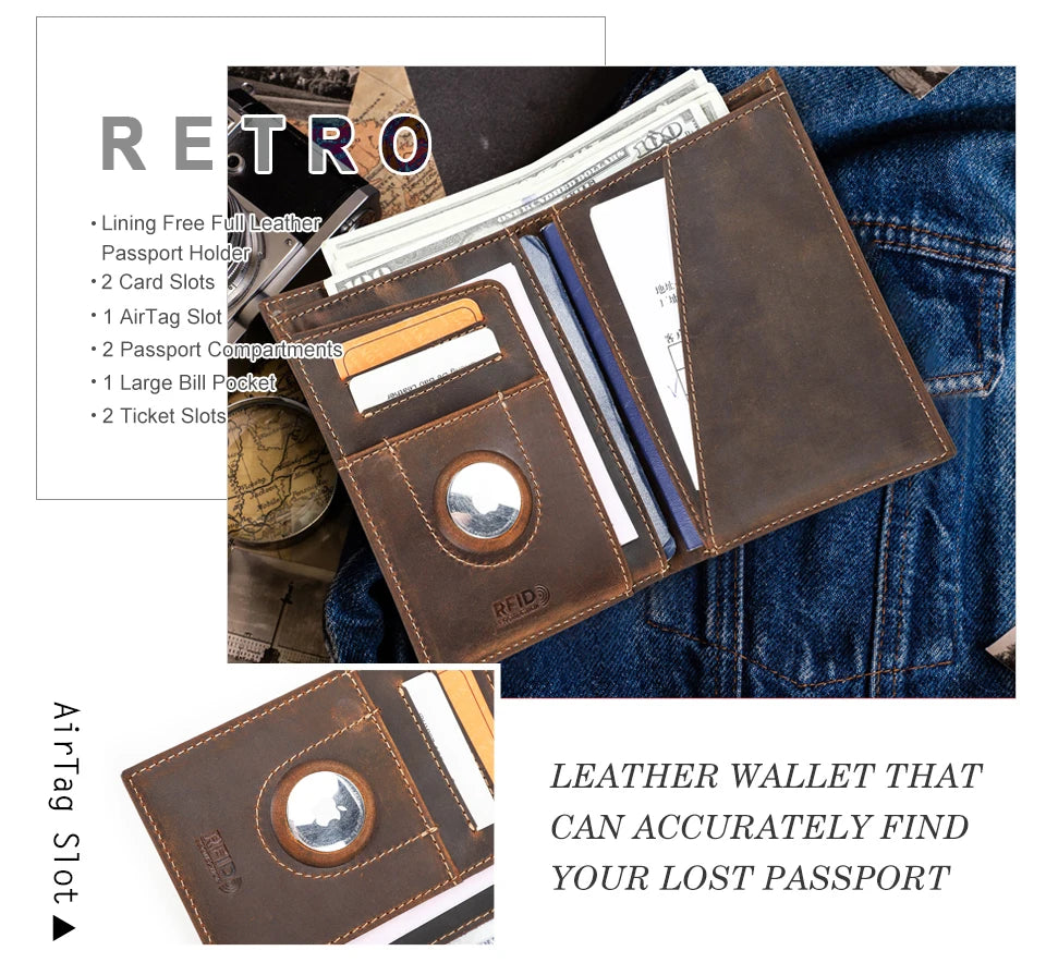 Customized Passport Cover Wallet Genuine Leather Protective Cover With Airtag Case Travel Card Holder Rfid Men Women