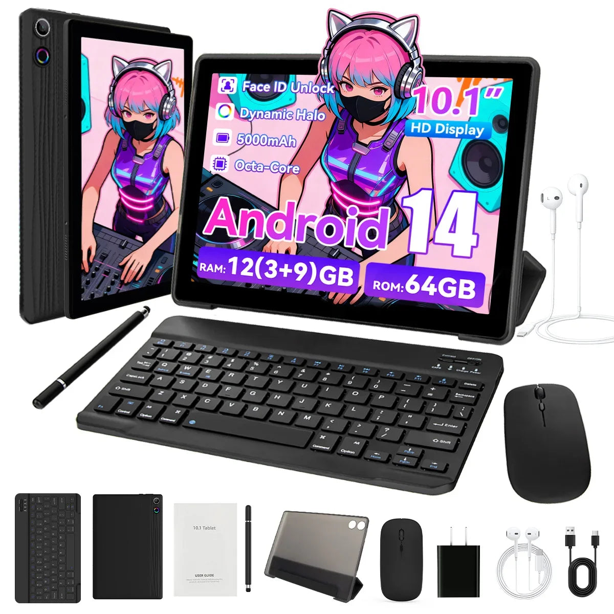 10Inch Tablet Android14 12GB RAM 64GB ROM Octa Core WiFi Dual Camera with Stylus Keyboard Mouse Headphones Case Computer PAD Set Main image