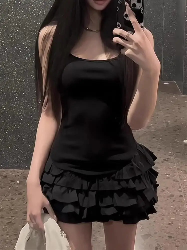 Chic Y2K Sleeveless Mini Dress For Woman Summer Black Dresses Sexy Clubwear Party Slim fit Ruffle Pleated Short Dress Ürün ana görseli