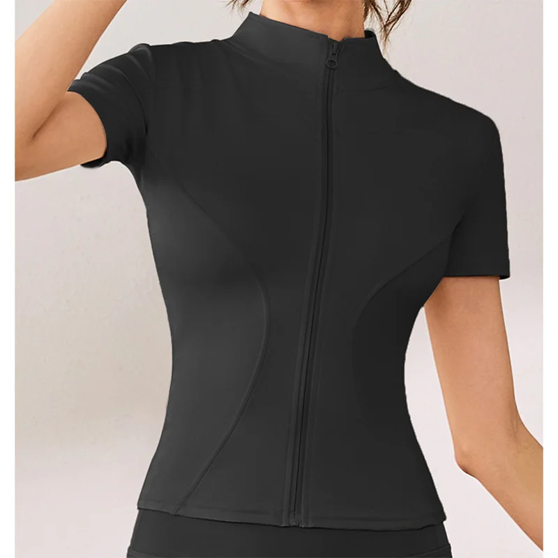Slim Fit Short Sleeve Yoga Shirt Women's Stand Collar Zipper Jacket High End Running Sport Fitness Top